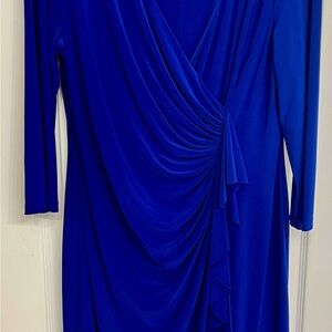 Evan Picone Blue Pleated Sheath Dress V-neck Long Sleeve